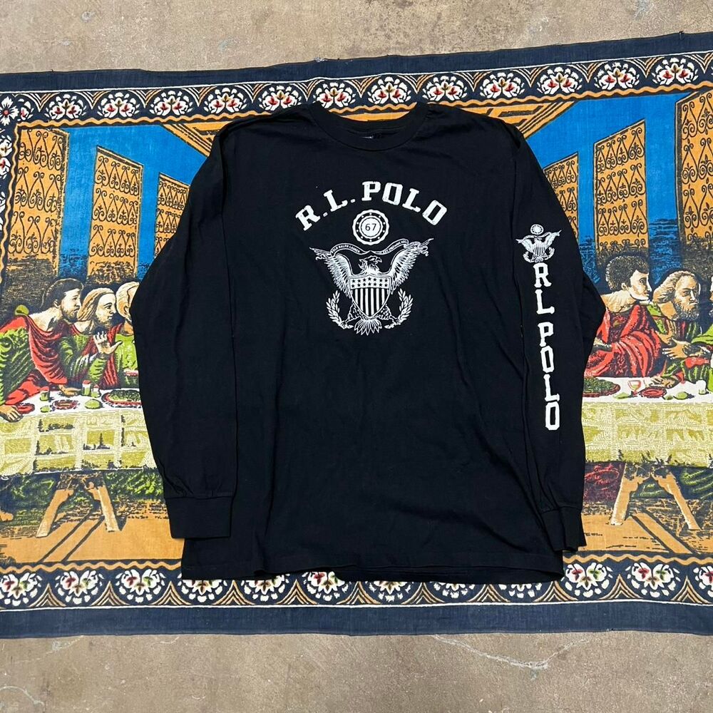 Polo Ralph Lauren Men's Black and White T-shirt Long Sleeve Americana y2k Skater - Picture 6 of 6